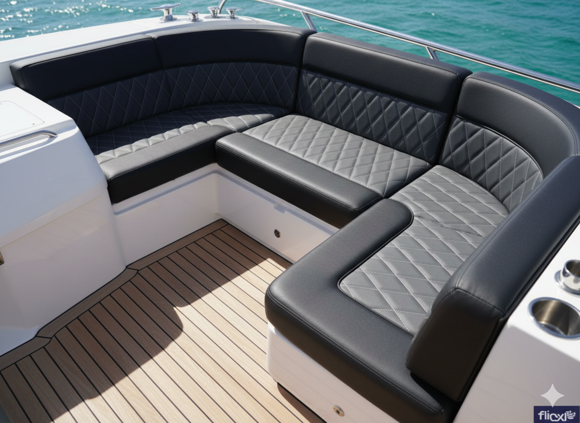 Boat cushions grey with Bentley stitching and black panels marine upholstery Blue Note Upholstery